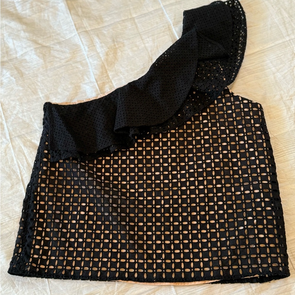 J.Crew Size 10 Black Nude One-Shoulder Eyelet Ruffle Top Shirt Blouse - Picture 7 of 9